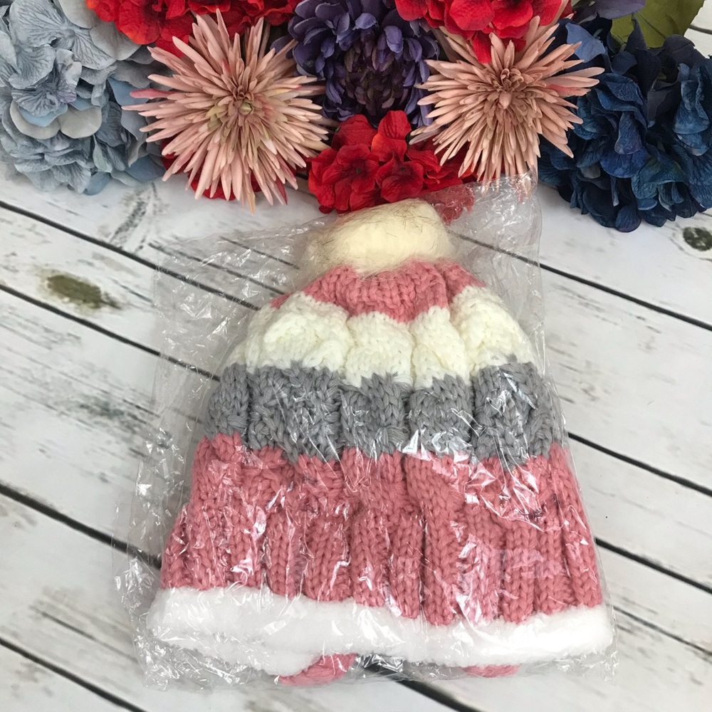 Gray, Pink & White Fleece Lined Beanie with Pom Poms - Picture 15 of 15